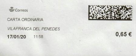 VILAFRANCA DEL PENEDÉS (Barcelona). Carta ordinaria. 17_01_2020. Tarifas 2020 (Hasta 20 grs) 0,65€.jpg