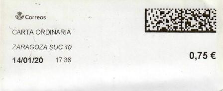 ZARAGOZA SUC.10. Carta ordinaria. 14_01_2020. Tarifas 2020 (+20 hasta 50 grs) 0,75€.jpg