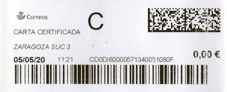 ZARAGOZA SUC.3. Carta certificada. 05_05_2020. Tarifas 2020 (+50 hasta100 grs) 4,30€. Sellos.jpg