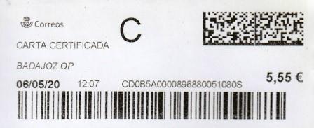 BADAJOZ O.P. Carta certificada. 06_05_2020. Tarifas 2020 (+100 hasta 500 grs) Franqueo 5,55€.jpg