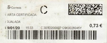 IGUALADA (Barcelona). Carta certificada. 09_01_2020. Tarifas 2020 (+20 hasta 50 grs) Franqueo 3,90€. Etiqueta+Sellos.jpg