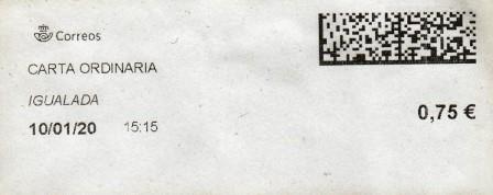 IGUALADA (Barcelona). Carta ordinaria. 10_01_2020. Tarifas 2020 (+20 hasta 50 grs) 0,75€.jpg