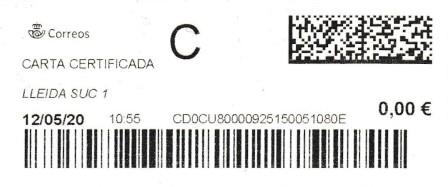 LLEIDA SUC.1. Carta certificada. 12_05_2020. Tarifas 2020 (+50 hasta100 grs) 4,30€. Sellos.jpg