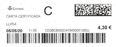 LLIRIA (Valencia). Carta certificada. 05_05_2020. Tarifas 2020 (+50 hasta 100 grs) Franqueo 4,30€.jpg