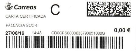 VALENCIA SUC.4. Carta certificada. 27_06_2019. Tarifas 2019 (+50 hasta 100 grs) 4,00€. Sellos.jpg