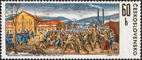 Checoslovaquia, 1971; Historia del Partido Comunista (Július Nemčík, “Krompašská vzpoura”). Sello diseñado y grabado de Jindra Schmidt. Impresión mixta en calcografía y huecograbado