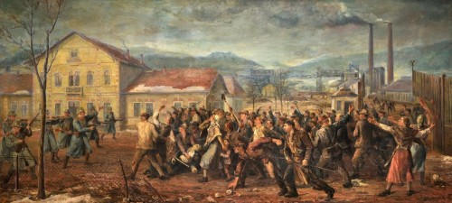 Július Nemčík, pintura al óleo “Krompašská vzpoura” (1952). Levantamiento obrero de Krompachy en 1921