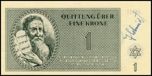 Billetes de 1943 del gueto de Terezín (Bohemia), que si bien en principio estaban destinados a uso corriente, finalmente apenas si se utilizaron en bibliotecas públicas