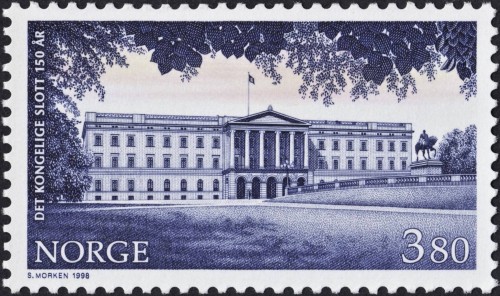 Noruega, 1998; 150 aniversario del Palacio Real de Oslo. Sello diseñado y grabado por Sverre Morken. Impresión mixta en calcografía y offset