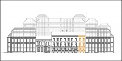 Dibujo de los arquitectos Kjell Lund y Nils Slaatto para la ampliación del edificio del Banco Nacional noruego en Oslo (1973-1986), utilizado por Sverre Morken como base en el diseño de uno de los sellos de 2016