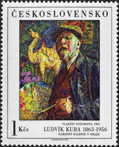 Checoslovaquia, 1974, Arte. Ludvík Kuba, &quot;Autorretrato con camello chino&quot;. Sello diseñado y grabado por Miloš Ondráček; impresión en calcografía. Ondráček realizó cinco grabados distintos para este sello de Kuba, uno para cada color de la impresión calcográfica final (amarillo, verde, azul, rojo y negro)