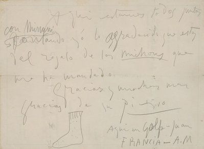 Carta manuscrita por Pablo Picasso, con pequeño dibujo. Firmada. París, c.1950. realizada a lápiz en el reverso de un menú de restaurante..jpg