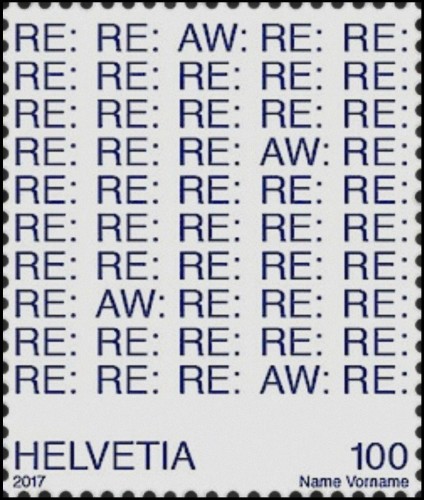 Propuesta no adoptada de la diseñadora Anabel Keller para la emisión suiza de 2017 sobre el tema “Carta versus correo electrónico”. En el espacio de “Name Vorname”, hubiera estado el nombre de la diseñadora de haber sido emitido el sello