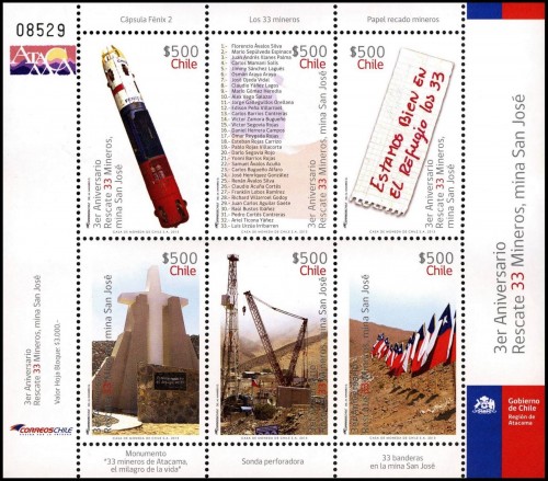 Chile, 2013; tercer aniversario del rescate de los 33 mineros en la mina San José. Hojita y sellos diseñados por Mauricio Navarro González. Impresión en offset