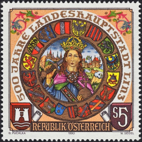 Austria, 1990; V Centenario de la capitalidad provincial de Linz. Sello diseñado por Georg Pucalka y grabado por Wolfgang Seidel. Impresión combinada en huecograbado y calcografía