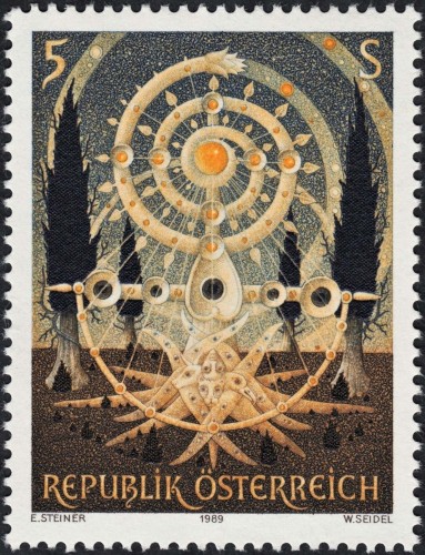 Austria, 1989, Arte moderno; Ernst Steiner, “Árbol de la vida”. Sello diseñado y grabado por Wolfgang Seidel. Impresión combinada en huecograbado y calcografía