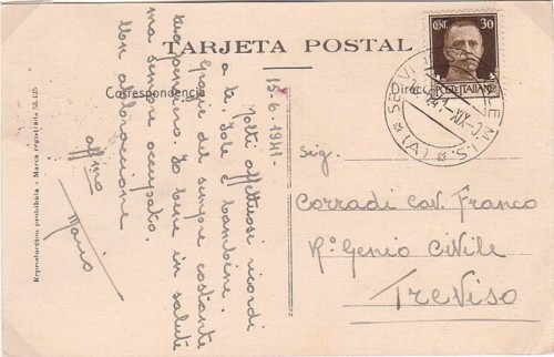 15, junio, 1941, Tarjeta postal a Treviso, con fechador  M.I.S. A<br />  y  franqueo  de 30 Cent. correspondiente a un porte ordinario, para tarjetas con más de cinco palabras