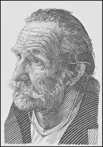 Autorretrato a buril de Rudolf Cigánik al cumplir 60 años (dibujo preliminar)