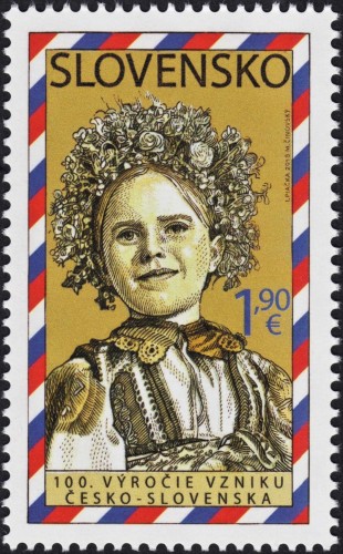 Eslovaquia, 2018; centenario del establecimiento de la República de Checoslovaquia. Sello diseñado por Igor Piačka y grabado por Martin Činovský. Impresión mixta en calcografía y offset