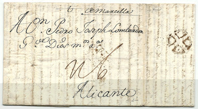 Carta fechada en Marsella el 29 de Julio de 1743 y dirigida por via de tierra a Alicante.