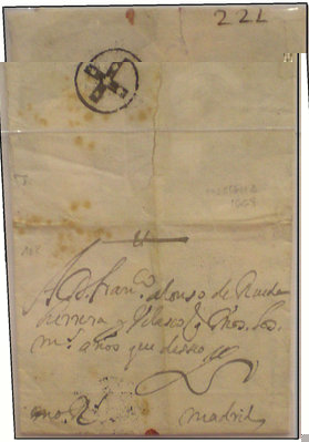 Marsella a Madrid 3 de octubre (?) de 1668, en el frente la marca manuscrita &quot;mo Rl&quot; (medio real) de porte