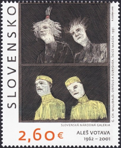 Eslovaquia, 2022. Aleš Votava (Orfeo y Eurídice; bocetos de máscaras de coro y ballet para las Furias). Sello diseñado y grabado por Rudolf Cigánik. Impresión combinada en calcografía y offset