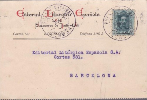 Tarjeta Impresa Editorial Litúrgica. PUENTE MACEIRAS (Coruña) 1926.jpg