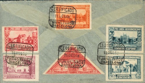566, 568-78, 539. 1948. Diversos valores y 25 cts carmín. Carta Filatélica de BARCELONA a ROCKFORD (U.S.A.) rev.jpg