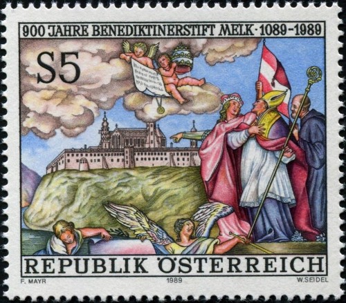 Austria, 1989; 900 aniversario de la Abadía de Melk. Sello diseñado por Friedrich Mayr y grabado por Wolfgang Seidel. Impresión combinada en calcografía y huecograbado (imagen procedente de bund-forum.de)