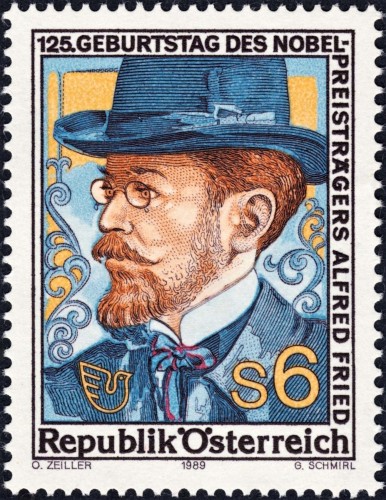 Austria, 1989; Alfred Fried. Sello diseñado por Otto Zeiller y grabado por Gerhart Schmirl. Impresión mixta en calcografía y huecograbado