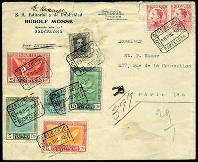 1930. BARCELONA-PARIS. Certificado. Espectacular franqueo combinado. Al dorso tránsito ambulante.jpg