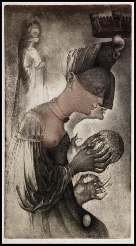 Grabado al aguatinta de Marina Richterová (1990) inspirado en el primer acto del Rey Lear de Shakespeare