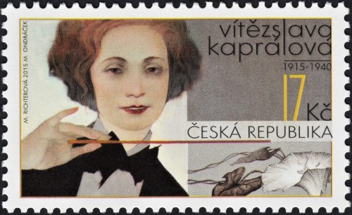 República Checa, 2015, Vítězslava Kaprálová. Diseño, dibujos y tipografía  de Marina Richterová. Dibujo lineal superpuesto de Miloš Ondráček. Impresión en offset. La compositora Vítězslava Kaprálová murió muy joven, a los 25 años, de tuberculosis