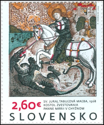 Eslovaquia, 2023; Arte gótico. Hoja del altar (retablo) en la Iglesia de la Anunciación de la Virgen María en Chyžno. Sello diseñado y grabado por František Horniak. Impresión combinada en calcografía y offset