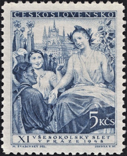 Checoslovaquia, 1948; XI Congreso del Movimiento Sokol (3 valores). Sello diseñado por Max Švabinský y grabado por Jindra Schmidt. Impresión en calcografía
