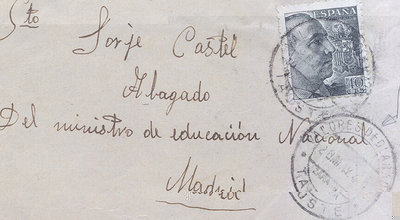 Es el mismo destinatario de la carta anterior con matasellos de valores declarados de Tauste (Zaragoza)