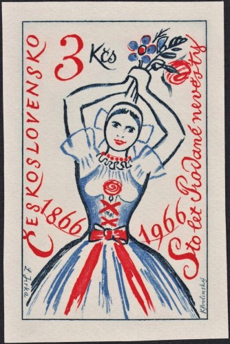 Sello diseñado por Karel Svolinský con ocasión del centenario de la primera puesta en escena de la ópera cómica &quot;La novia vendida&quot; (&quot;Prodaná nevěsta&quot;), de Bedřich Smetana, grabado por Ladislav Jirka para una hojita emitida por Checoslovaquia en 1966; impresión en calcografía