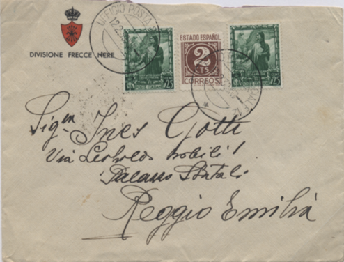 12, febrero, 1939. Carta a Regio Emilia, con fechador  U.P.S. 12, “Tipo 2” primer periodo en Madrid.