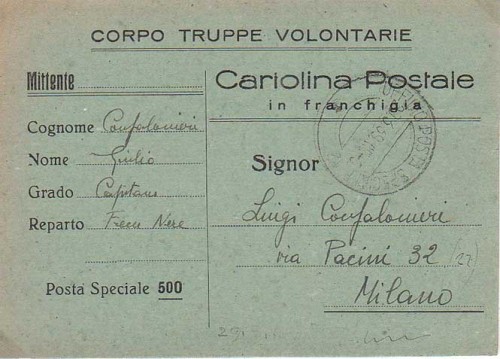 29, marzo, 1939. Tarjeta postal en franquicia a Milano, con fechador  U.P.S. 12, “Tipo 1” <br />Periodo de Toledo.