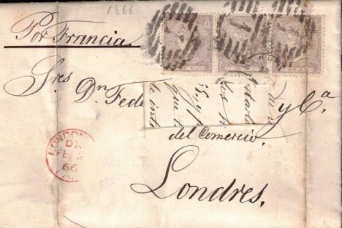 Empiezo con una carta a Londres de 1866 y 60 céntimos de franqueo