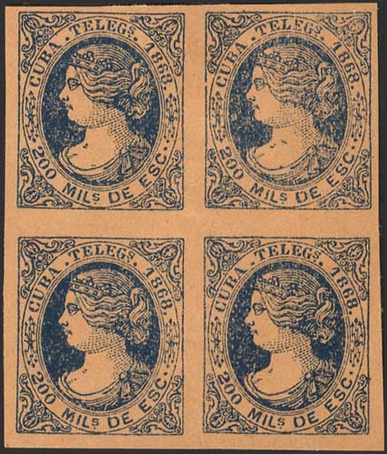 1868. 200 mils azul sobre papel crema, bloque de cuatro. PRUEBA DE COLOR. MAGNIFICA Y RARA.jpg