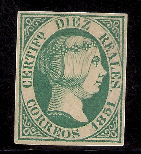 Este sello me produce dudas. En el adorno de abajo a la izquierda no está del todo claro que acabe en punta fina hacia arriba. El &quot;1&quot; de 1851 tiene un punto verde en la punta del trazo superior oblicuo. La voluta de la parte inferior izquierda, tiene una línea vertical que toca con la de abajo que no he visto en otras fotos. Las &quot;perlas grandes&quot; de la diadema parecn bastas, sobre todo la 2ª empezando por la derecha la sombra es una mancha verde sin finura. Y la parte del moño entre el pelo vertical y el moño trasero se ven las uniones de los mechones que se juntan haciendo mancha. En fin, además tiene Certificado de Soro, lo cual parece dar tranquilidad, pero no las tengo todas conmigo. Ayuda. Gracias