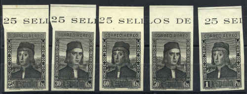 552P-56P. Ensayos de plancha. Cinco valores sin dentar En color negro Gálvez CA313-CA317 todos.jpg
