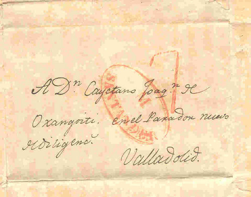 1834.-San Sebastian a VAlladolid. 11-5-1834. MArca de Santander, puesto al llegar el barco a Santander, y poner la carta en el correo ordinario.y porteo 7 cuartos de VAlladolid.