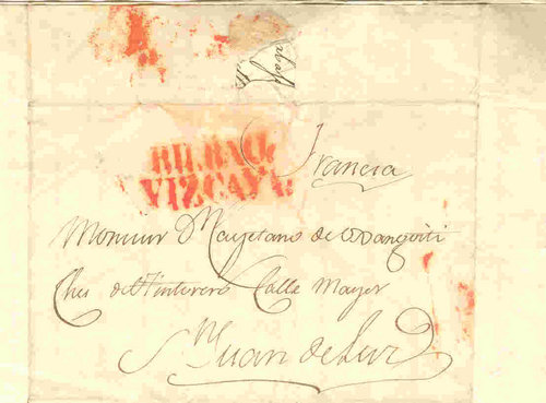 Sobrescrito de Bilbao a San Juan de Luz de fecha de 26 de Enero de 1837.