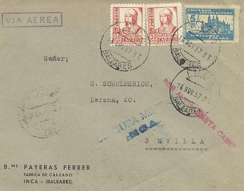 De Inca (Baleares) por via aerea ala littoria con su censura obligada.