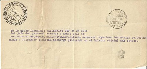 documento de telégrafos, estación especial de cables de las Palmas