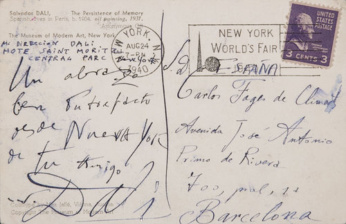 Postal manuscrita a tinta, dirigida al poeta Carles Fages de Climent. Firmada. Con sello de correos New York, 1940..jpg