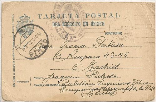 BATALLÓN DE INGENIEROS DE TETUAN - FECHADOR 15 DICIEMBRE 1927 DESDE CEUTA