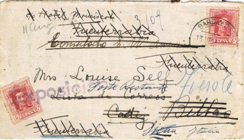 Carta reexpedida de Barcelona a Cadiz, luego a Bilbao, despues a fuenterrabia, luego a Siena Italia y por ultimo a Fiesole